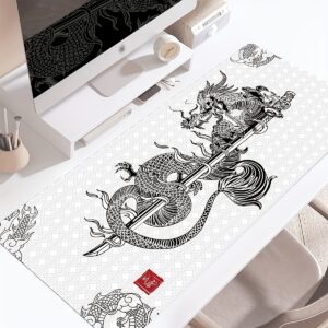 Extra-Large Japanese-Style Mouse Pad – Non-Slip, Washable Rubber Desk Mat - White Dragon