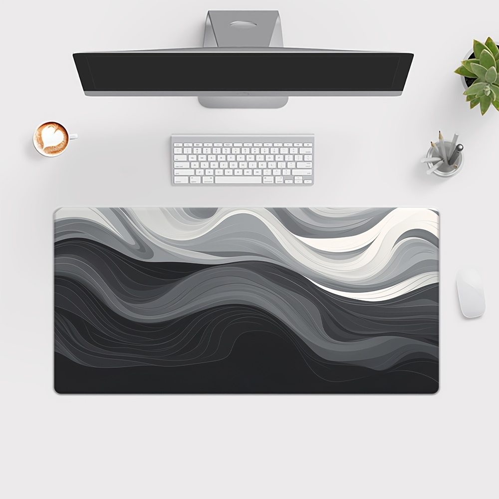 Modern Black‑White‑Gray Wavy Stripes XXL Mouse Pad – Waterproof Anti‑Slip Desk Mat